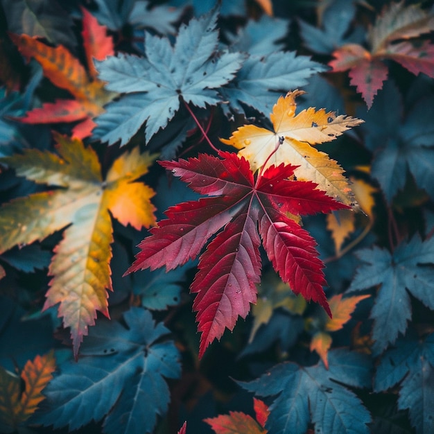 A colorful leafy background with a red maple leaf in the foreground