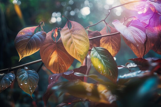 colorful leaves on a branch in the sunlight