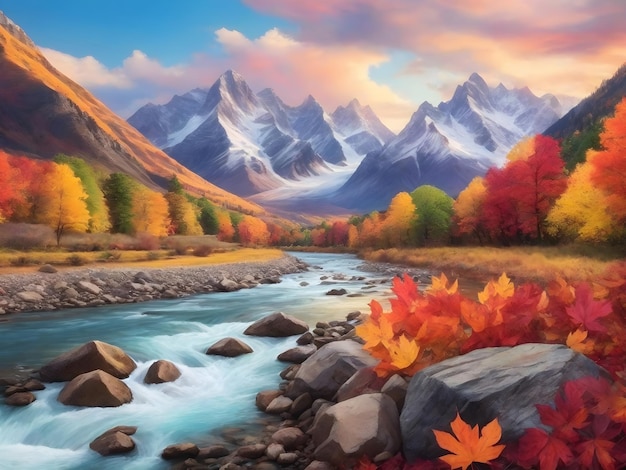 Colorful Leaves Majestic Mountains and Tranquil River