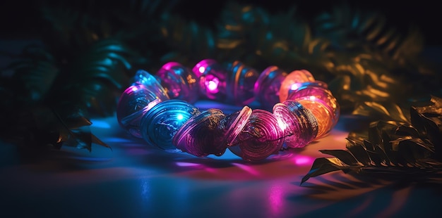 A colorful led light bulb necklace with a purple and green light on the bottom.