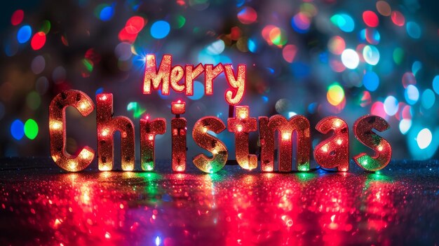 Colorful LED Merry Christmas concept creative horizontal art poster