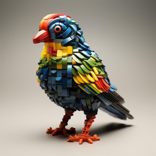 Photo colorful lego bird on gray background a stylized peter gric inspired artwork