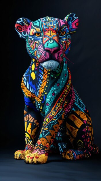 a colorful leon painted with colorful geometric patterns is painted on dark background