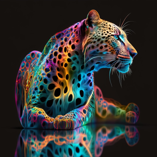 A colorful leopard is sitting on a black background.