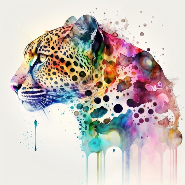 A colorful leopard with a rainbow colored head.