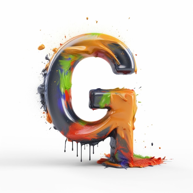 A colorful letter g with paint splatter on it.