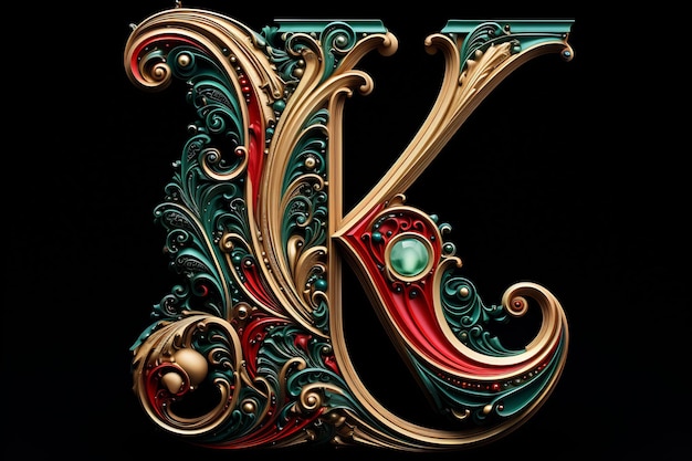 a colorful letter k is painted in gold and has a green and red pattern