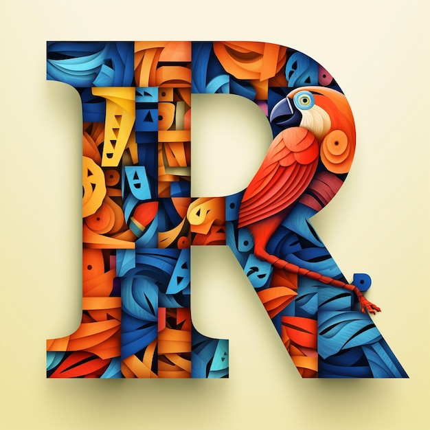 Photo a colorful letter r with a red body and orange letters in a colorful background.