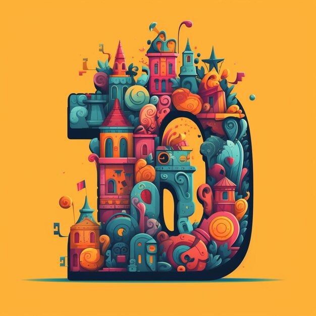 A colorful letter with a castle and other objects in it generative ai