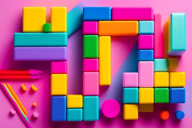 Colorful letters a b c and toy building block on pink background