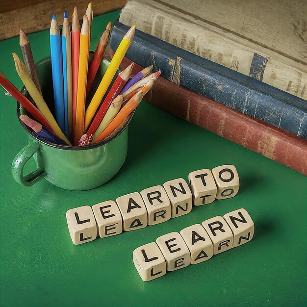Foto lettere colorate della parola imparare in un concetto di istruzione pila