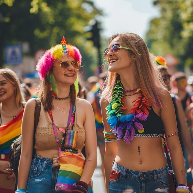 ベルリンの街頭で LGBTQ 平等のためのカラフルな行進 女性が一緒に歩いています