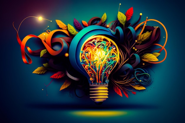Colorful light bulb surrounded by leaves and swirls Generative AI