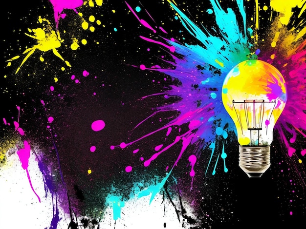 A colorful light bulb with a colorful splashes of paint on it.