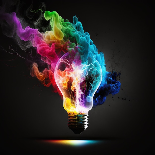 A colorful light bulb with smoke coming out of it.