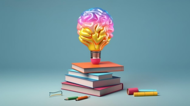 Foto cervello di lampadina colorata con libri e concetto di educazione della cancelleria ai generativo