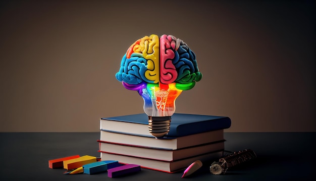 Photo a colorful lightbulb is placed on top of a stack of books.