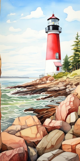 Colorful Lighthouse With Rocks And Trees A Captivating Watercolor Painting