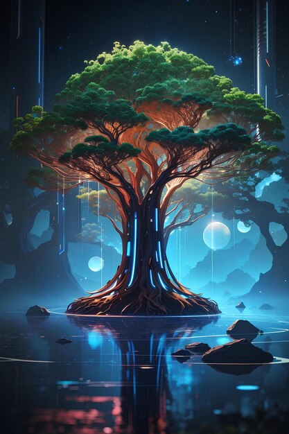 Colorful lighting big tree in water generative ai