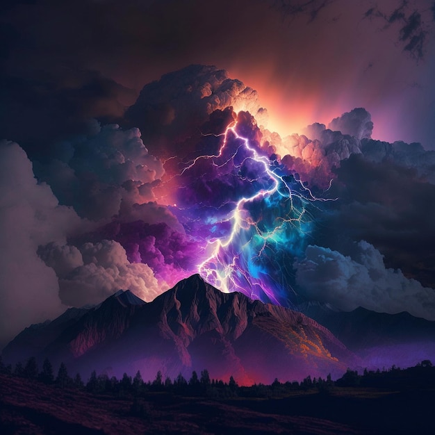 Colorful lightning in a stormy sky