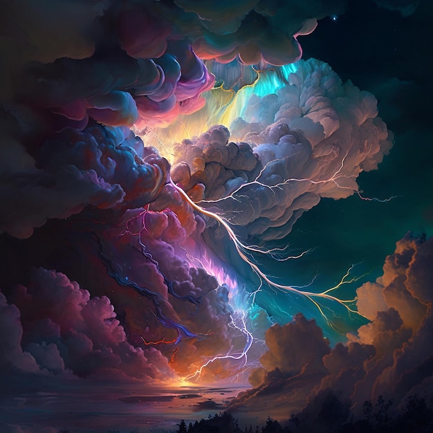 Colorful lightning in a stormy sky