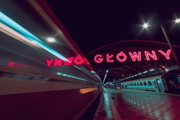 Colorful lights on train station at night