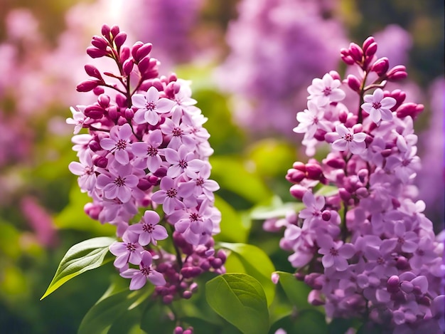 春の日に色とりどりのライラックの花が咲く映画のような高精細写真