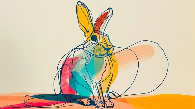 Colorful line drawing of a rabbit with a yellow ear and blue eye The rabbit is sitting on a white background with a light orange circle behind it