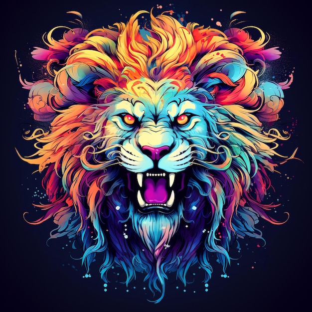 Photo colorful a lion head on black background wild animals mammals illustration generative ai