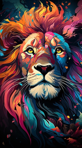 Colorful lion head on pop art style isolated with black backround