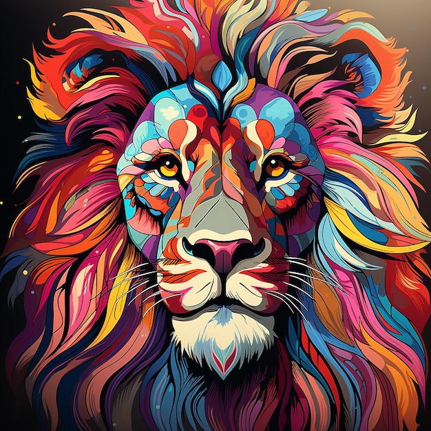 Colorful lion head on pop art style isolated with black backround