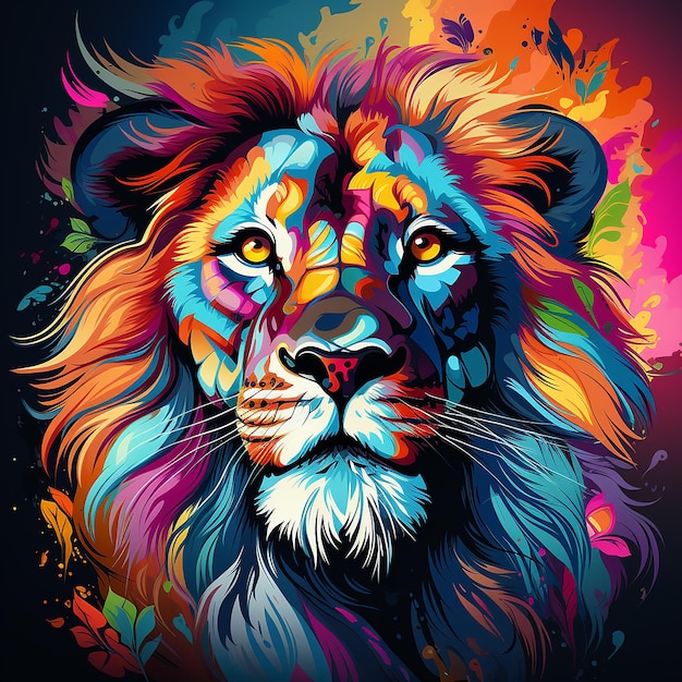 Colorful lion head on pop art style isolated with black backround