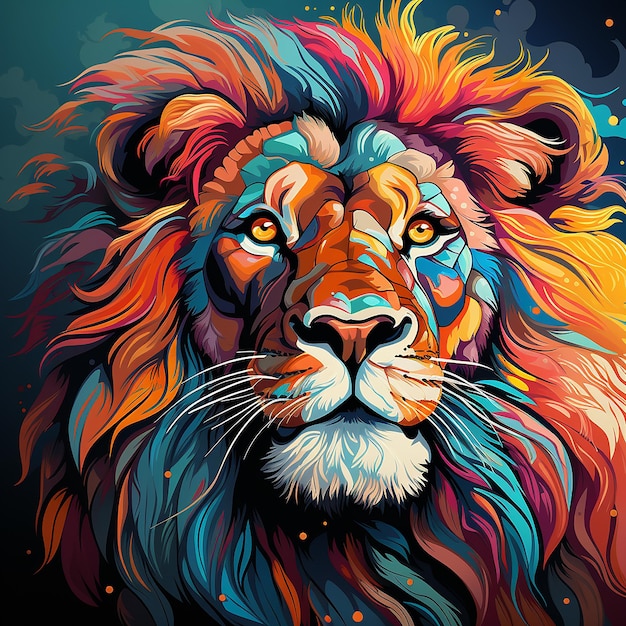 Colorful lion head on pop art style isolated with black backround