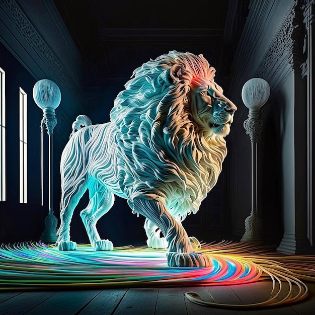 A colorful lion is standing in a dark room with a window behind it.