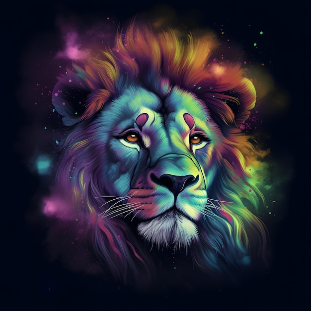 Colorful lion's face on black background with blue sky in the background Generative AI