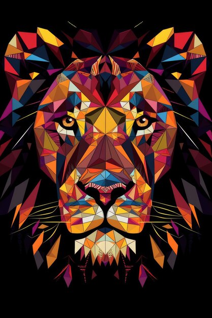 A colorful lion's face is shown in a mosaic style.