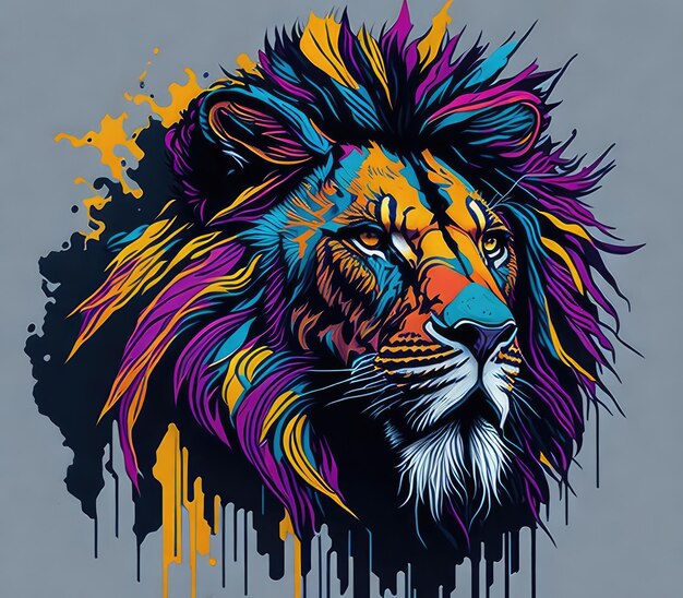 A colorful lion with a black mane and a yellow crown.