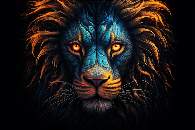A colorful lion with a blue eye and a black
