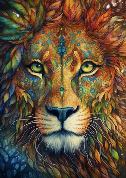 A colorful lion with a blue eye and a yellow eye.