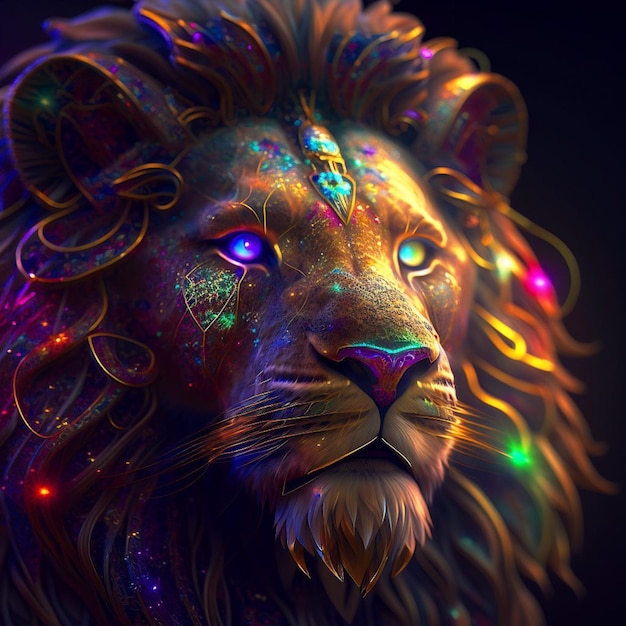 A colorful lion with blue eyes is in the dark.