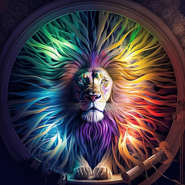 A colorful lion with a blue mane is on a dark background.