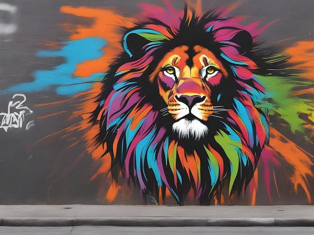 a colorful lion with a colorful mane is painted on a wall.