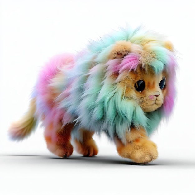 A colorful lion with a fluffy mane and purple, blue, and pink fur.