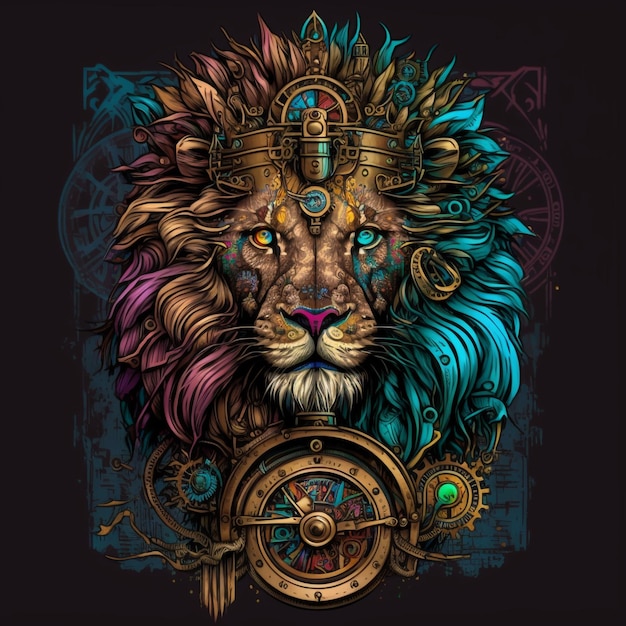 A colorful lion with a gold crown and a compass on it.