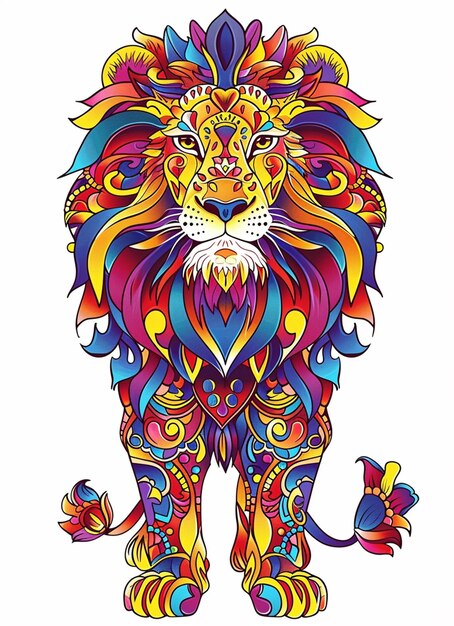 a colorful lion with a large mane and a flower on its head generative ai