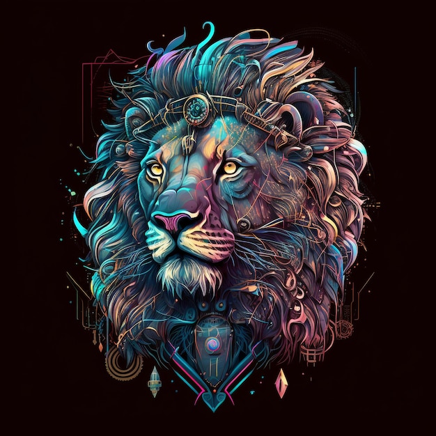 A colorful lion with a mane and a crown on it.