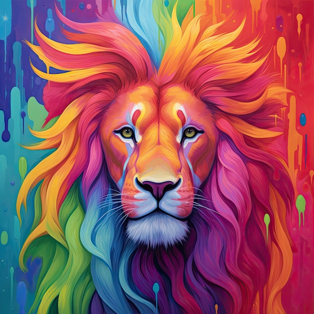 A colorful lion with a mane and a rainbow mane.