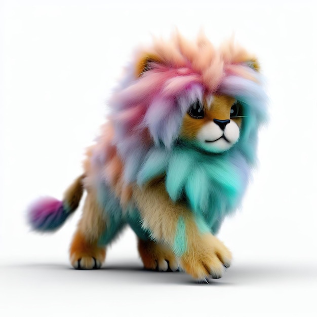 A colorful lion with a pink mane is standing on a white background.