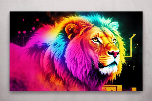 Foto un leone colorato con una criniera arcobaleno sul viso.