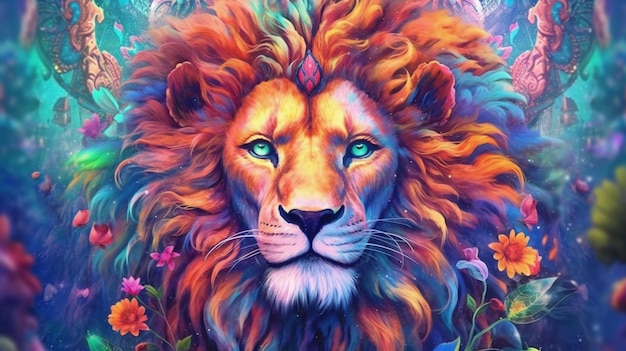 A colorful lion with a rainbow mane